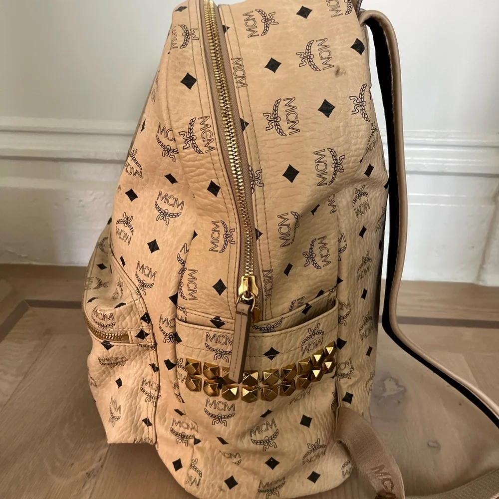 MCM Stark Side Studded Canvas Large Backpack Beige
